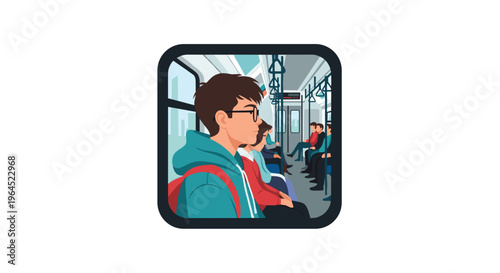 A young man with glasses and a backpack sits on a subway train, looking thoughtfully out the window, with other passengers visible in the background, all within a dark rounded frame.