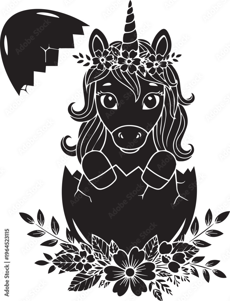 Obraz premium Majestic unicorn hatching from egg with elaborate floral base and flower wreath silhouette for fantasy greeting card designs.