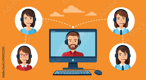 A man wearing a headset sits at a computer as four women connect to him through video calls in a virtual meeting.