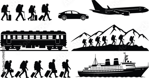 Travel and transportation silhouette set featuring airplanes, trains, cruise ships, cars, and groups of backpackers hiking through mountain landscapes for global adventure.