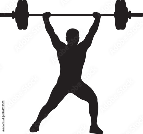 Dynamic silhouette of a male weightlifter powerfully lifting a heavy barbell overhead, symbolizing peak strength and athletic achievement