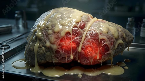 Human Liver Covered in Yellowish Discharge in a Medical Laboratory with Surgical Instruments and Vials in the Background Under Dramatic