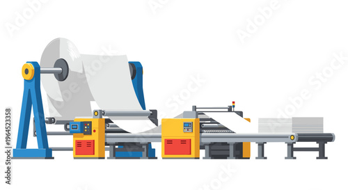 A paper production line illustration depicts a large paper roll feeding into blue, yellow, and red machines that cut and stack paper sheets on a white background.