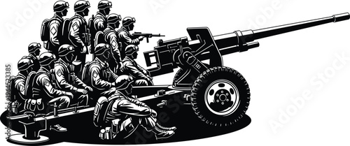 Military soldiers operating large artillery cannon, teamwork coordination in combat training, detailed vector illustration of field gun, howitzer weapon, war equipment silhouette design