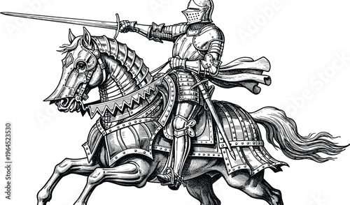 Medieval knight illustration, armored horse charge, historical battle scene, chivalry warrior vector art, detailed black and white engraving, medieval warfare armor design