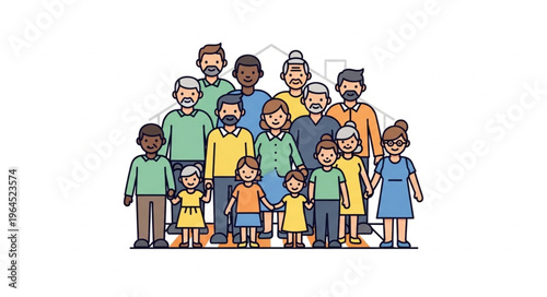 Diverse multigenerational family illustration showcasing unity and togetherness.