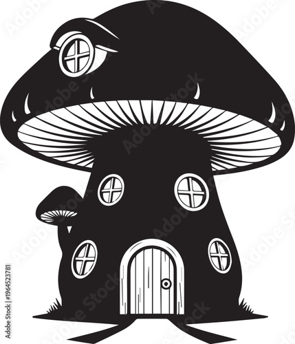 Black silhouette of whimsical mushroom house with circular windows and grass, fairy tale dwelling on transparent background.
