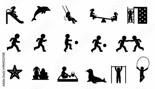 Collection of black silhouette icons depicting children playing various games and activities, alongside several animal figures.