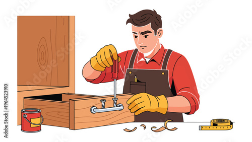 Handyman at Work: A skilled craftsman, clad in a workshop apron, focuses intently on a woodworking project, his hands carefully wielding tools to shape and build.