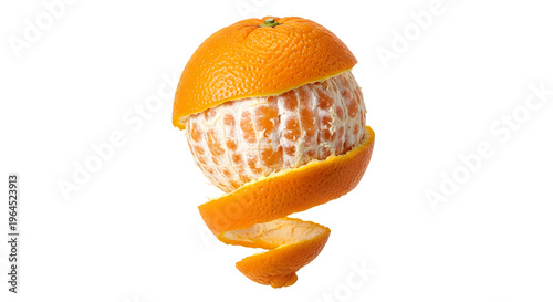 An orange with a significant portion of its peel removed in a spiral