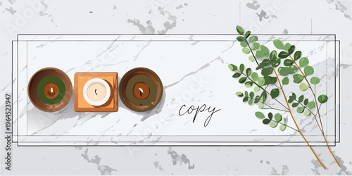 Top view photo of candles on rattan serving mat and eucalyptus on white marble background with copyspace