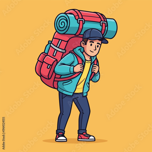 Cartoon man walking with large backpack and sleeping bag on yellow