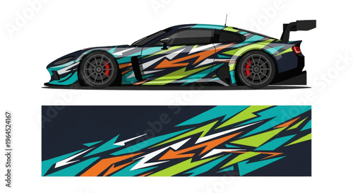 Vibrant Patterned Race Car with Colorful Zigzag Livery on Track.