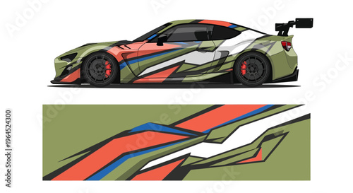 Stylized racing car illustration featuring dynamic colorful decals and dual side profile views.