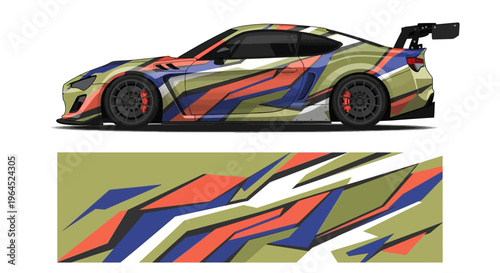 Vibrant geometric wrap design on a high-speed race car with bold colors and dynamic shapes.