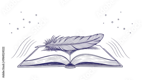 Literary Serenity: A delicate feather rests upon an open book, accompanied by ethereal stars, inviting readers into a world of imagination and storytelling. 