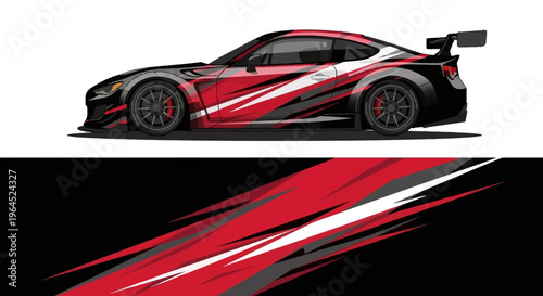 Dynamic Red Sports Racecar with Abstract Stripes and Sleek Design.