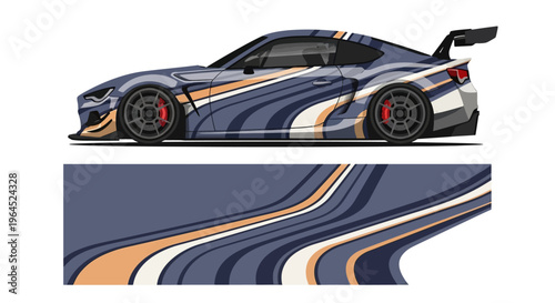 Sleek blue race car with orange and white racing stripes showing dynamic speed and design.