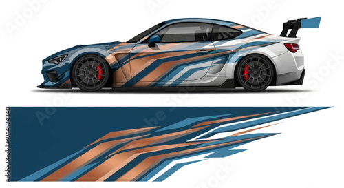 Sleek race car with blue orange racing stripes and dynamic design.