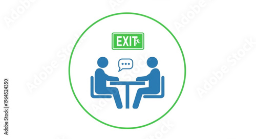 Exit Interview Illustration - Two People Discussing Departure Under Exit Sign.