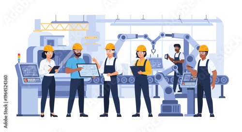 Engineers & Technicians Team Supervising Robotic Manufacturing in Smart Factory. Industrial Automation, Production Line & Industry 4.0 Workforce.