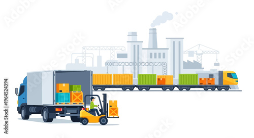 Global Logistics and Supply Chain Management Illustration: Factory to Customer Delivery with Truck, Forklift, and Freight Train Transport