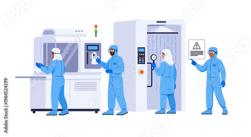 Diverse Team in Cleanroom Suits: Sterile Production & Quality Control in High-Tech Manufacturing