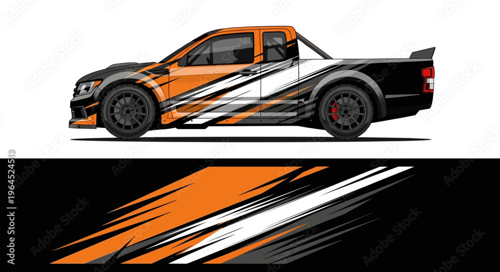 Fototapeta premium Orange and Black Racing Truck with Graphic Stripes and Bold Design.