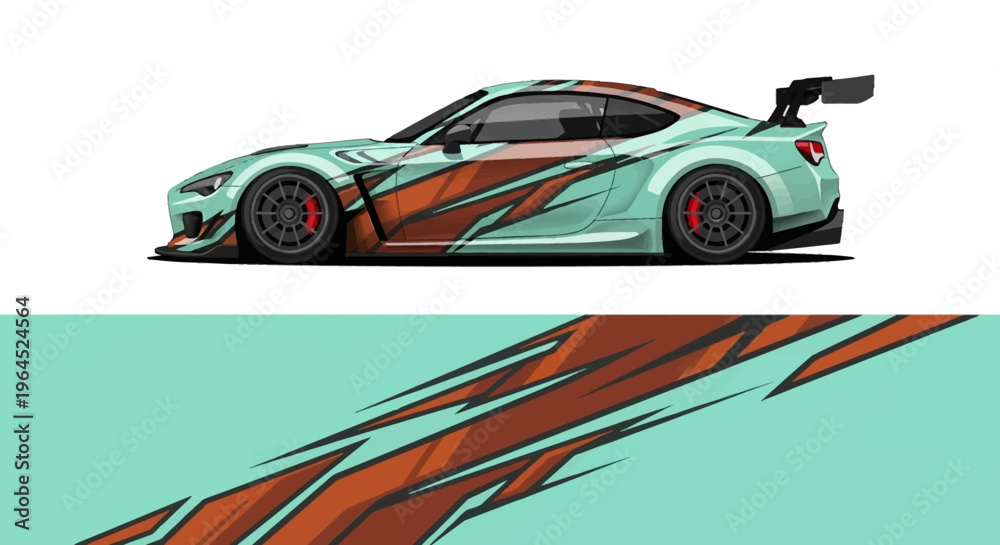 Naklejka premium Vibrant teal and orange racecar decal illustration in bold side profile design.