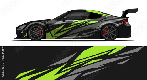 Side view of a sleek neon green and black sports car with dynamic graphic stripes.