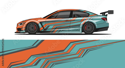 Stylized Orange Teal Race Car Illustration with Dynamic Graphics.