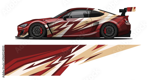 Sleek red racecar with dynamic graphic livery and bold angular patterns on a white background.