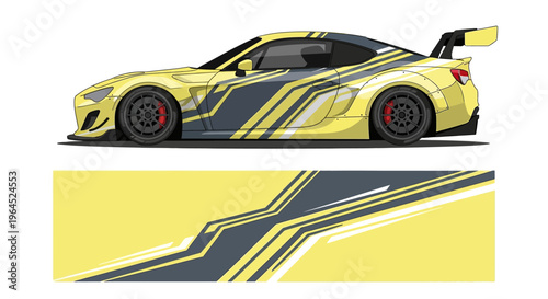 Yellow racecar with bold stripes shown from side and front in stylized illustration.