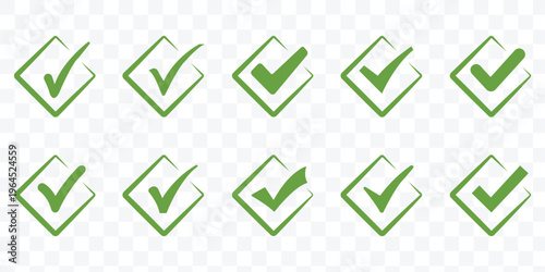 Check mark icons in various shapes and styles for approval and confirmation. vector illustration.