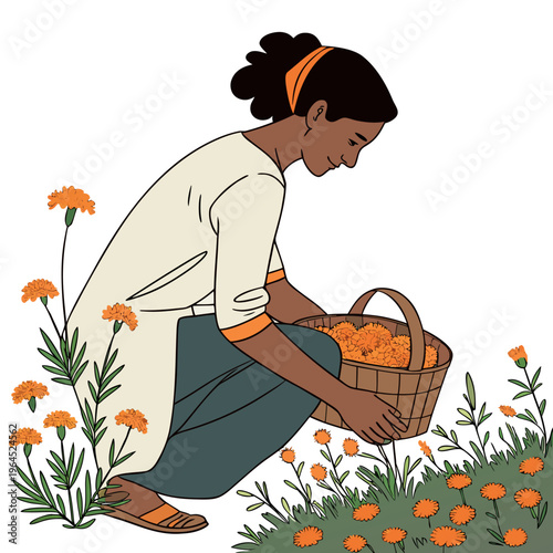 A woman in a white dress and orange headband kneeling down to pick orange flowers into a basket