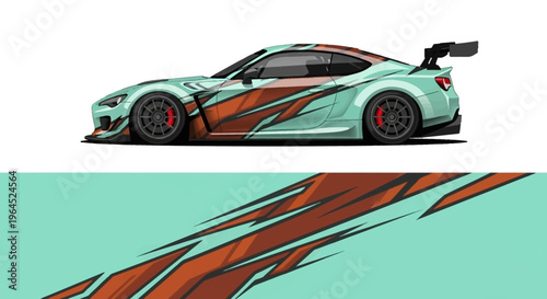 Vibrant teal and orange racecar decal illustration in bold side profile design.