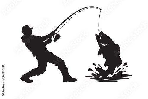 Successful fisherman silhouette catching a big fish for big catch and trophy concept.