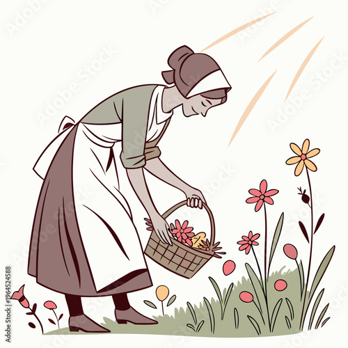 Woman in oldfashioned clothing picking flowers in a field with a basket