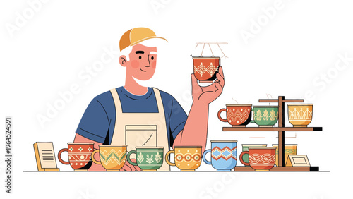Artisan's Appreciation: An artisan, adorned in an apron, examines a ceramic mug. Ceramic mugs grace shelves and tables, exuding artisan charm