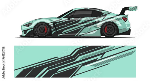 Side and Front View of a Sleek Teal Race Car with Dynamic Stripes and Graphic Design.