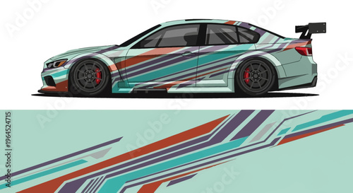 Vibrant turquoise racecar side profile featuring bold striped livery design.
