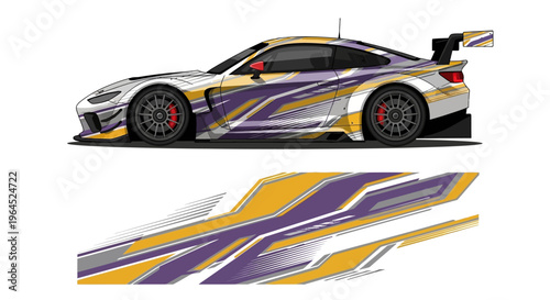 High-velocity racecar with purple and yellow livery, bold graphics and aerodynamic bodywork on a racing track.