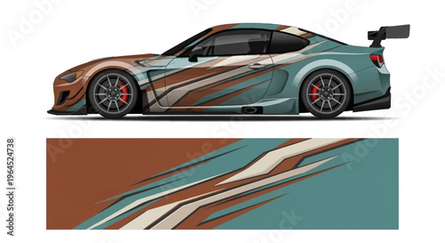 Sleek high speed racecar with teal and brown graphic livery on stylized multicolor panels.