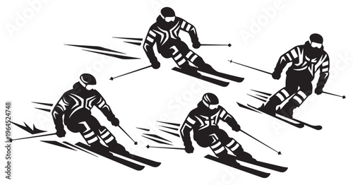Dynamic vector illustration featuring multiple skiers downhill racing with speed and action