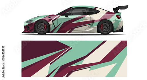 Vibrant geometric wrapped sports car viewed from side profile with bold graphic design.