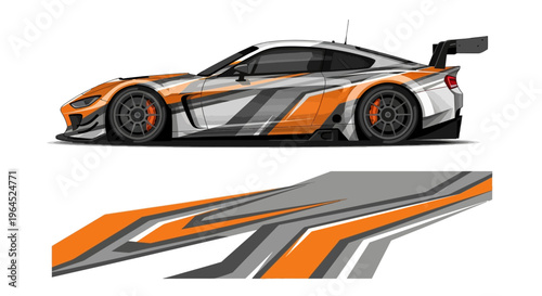 High speed orange gray white race car with aerodynamic livery and bold graphics.