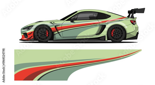 Illustrated green sports car with red stripe and sleek flowing lines in motion.