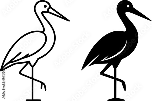 Stork illustration, outline and silhouette, for animal or bird logo design