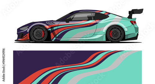 Sleek colorful sports car side view with bold teal and red racing stripes.