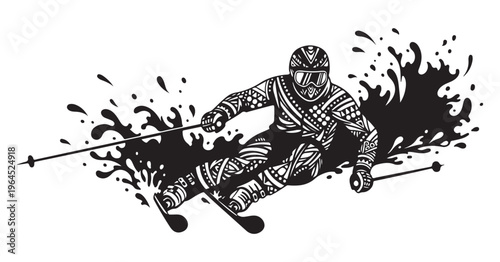 Ornate vector illustration featuring a skier dynamically carving through a black splash.